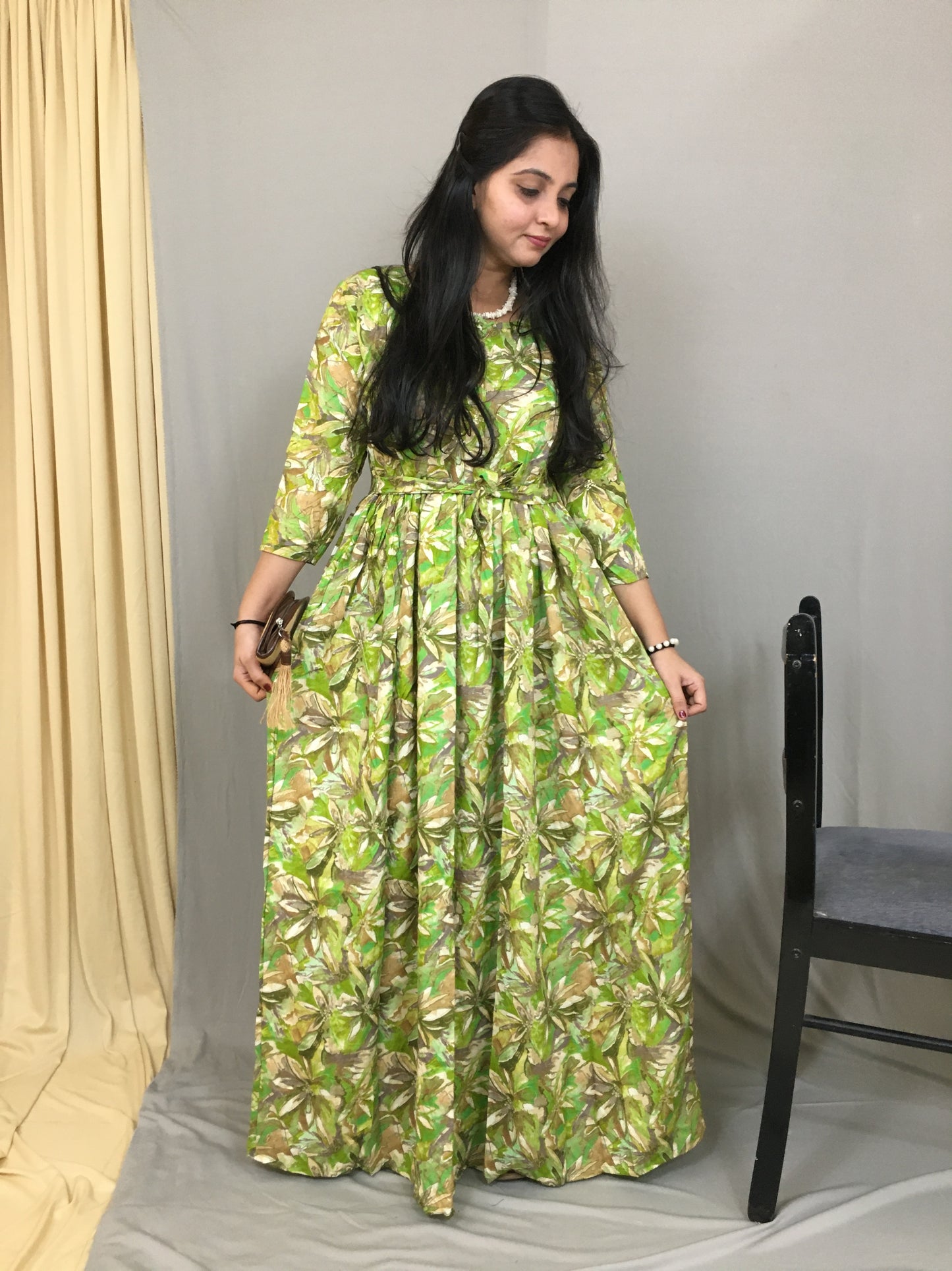 Floral - Green - Flared Dress -Soft Rayon