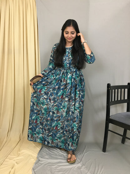 Floral - Peacock Blue - Flared Dress -Soft Rayon