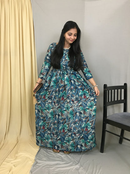 Floral - Peacock Blue - Flared Dress -Soft Rayon