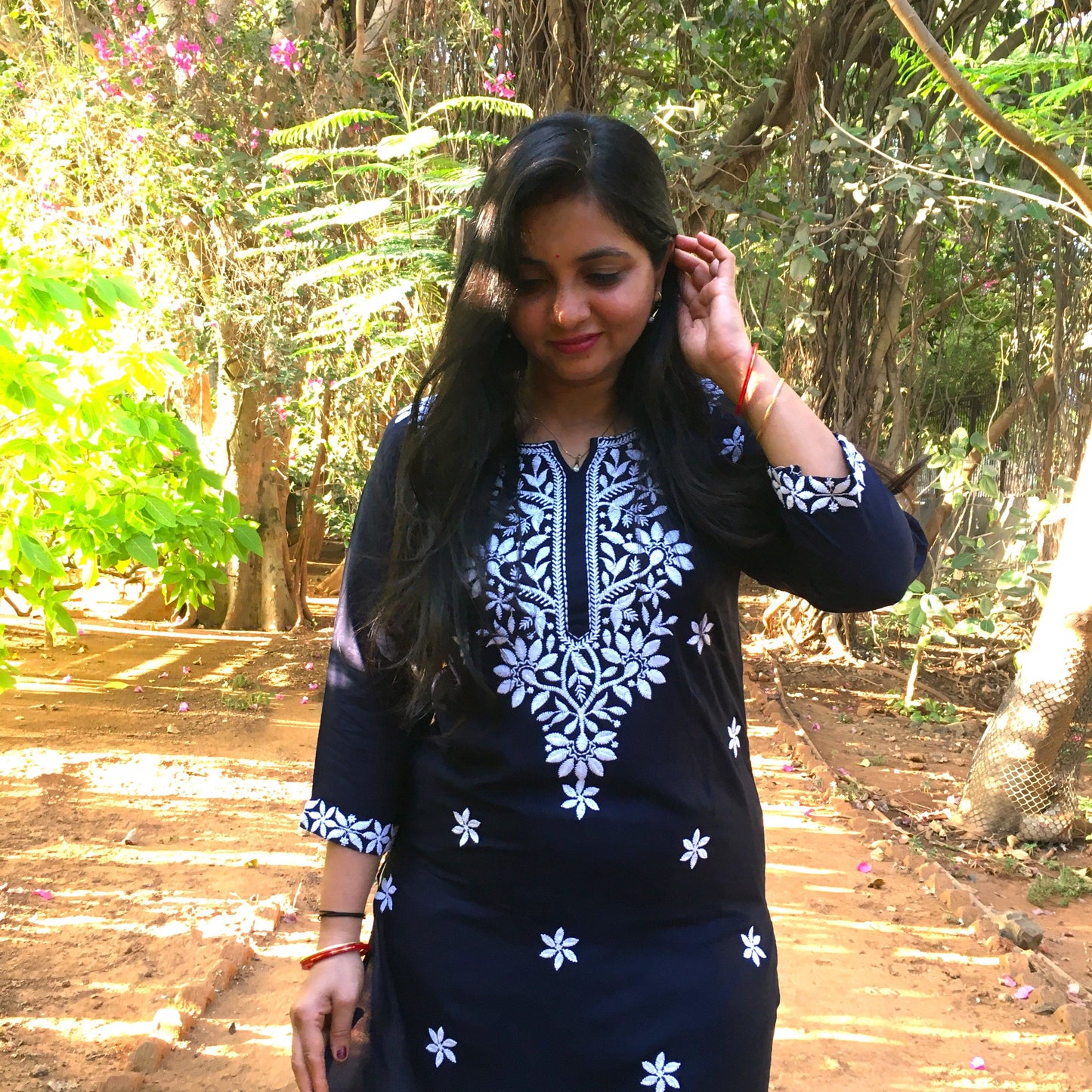 Navy Blue -  Sunflower Design - Embroidery Kurti - Soft Rayon