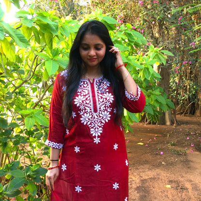 Maroon -  Sunflower Design - Embroidery Kurti - Soft Rayon