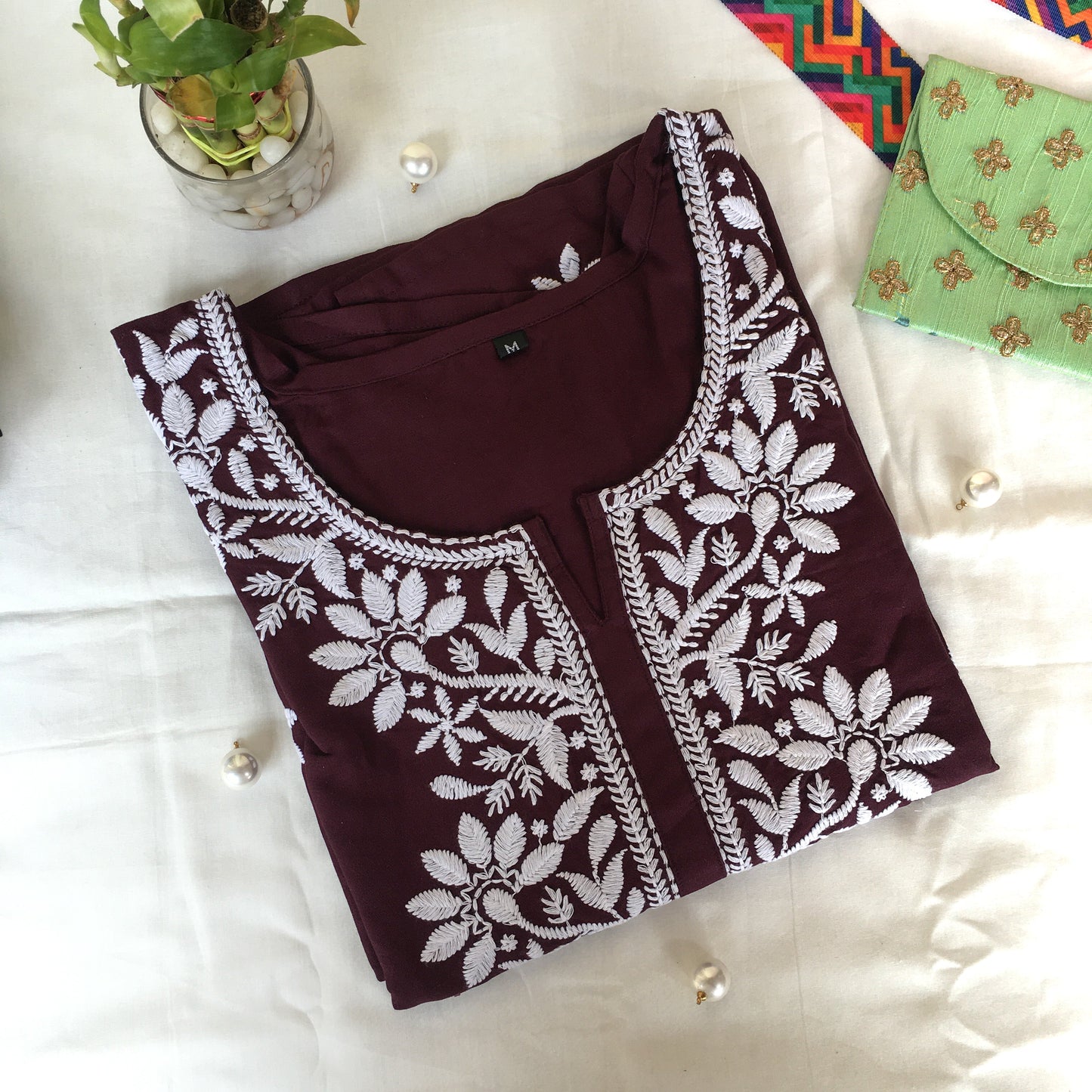 Wine Colour -  Sunflower Design - Embroidery Kurti - Soft Rayon