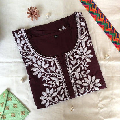 Wine Colour -  Sunflower Design - Embroidery Kurti - Soft Rayon