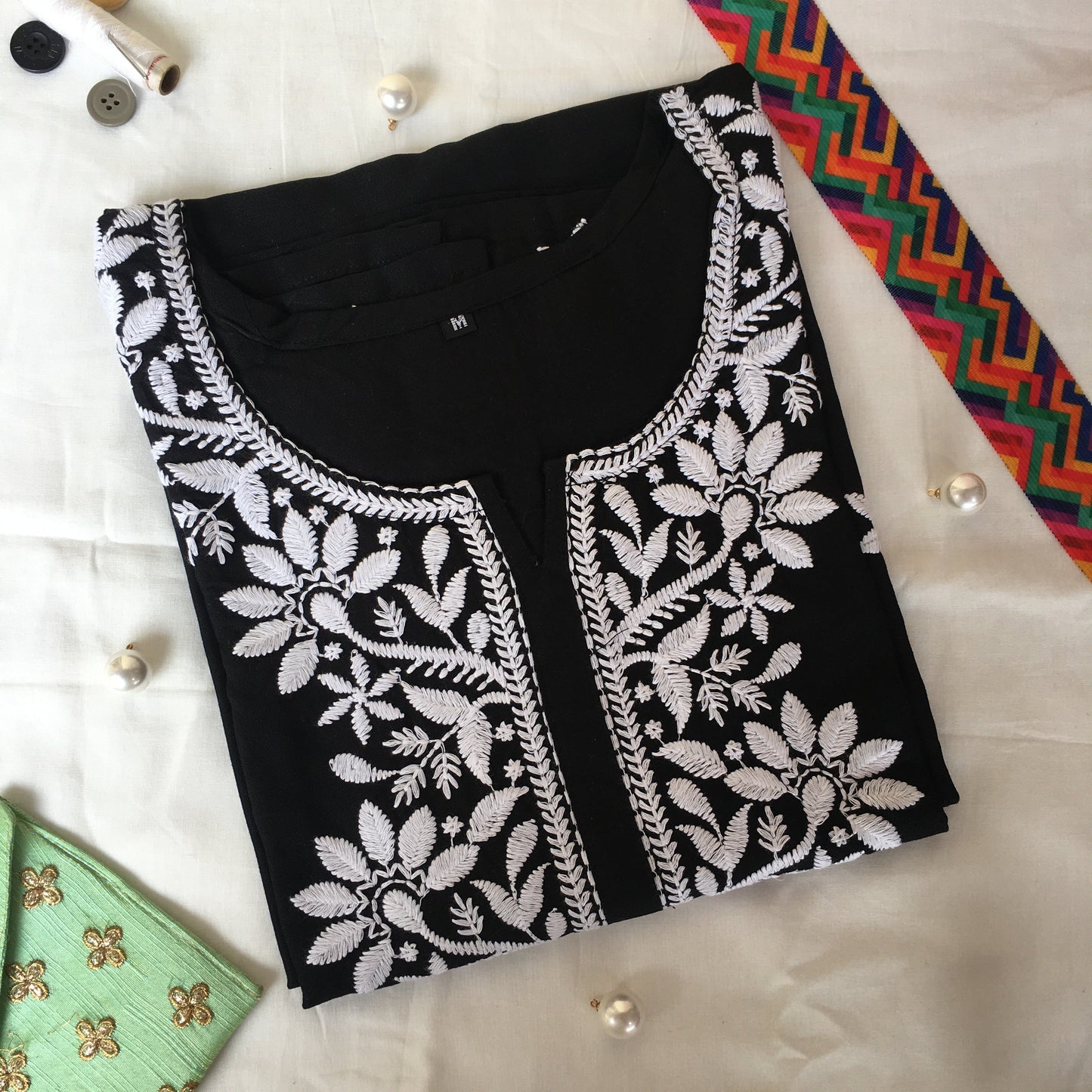 Black -  Sunflower Design - Embroidery Kurti - Soft Rayon