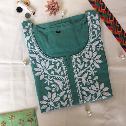 Turquoise -  Sunflower Design - Embroidery Kurti - Soft Rayon