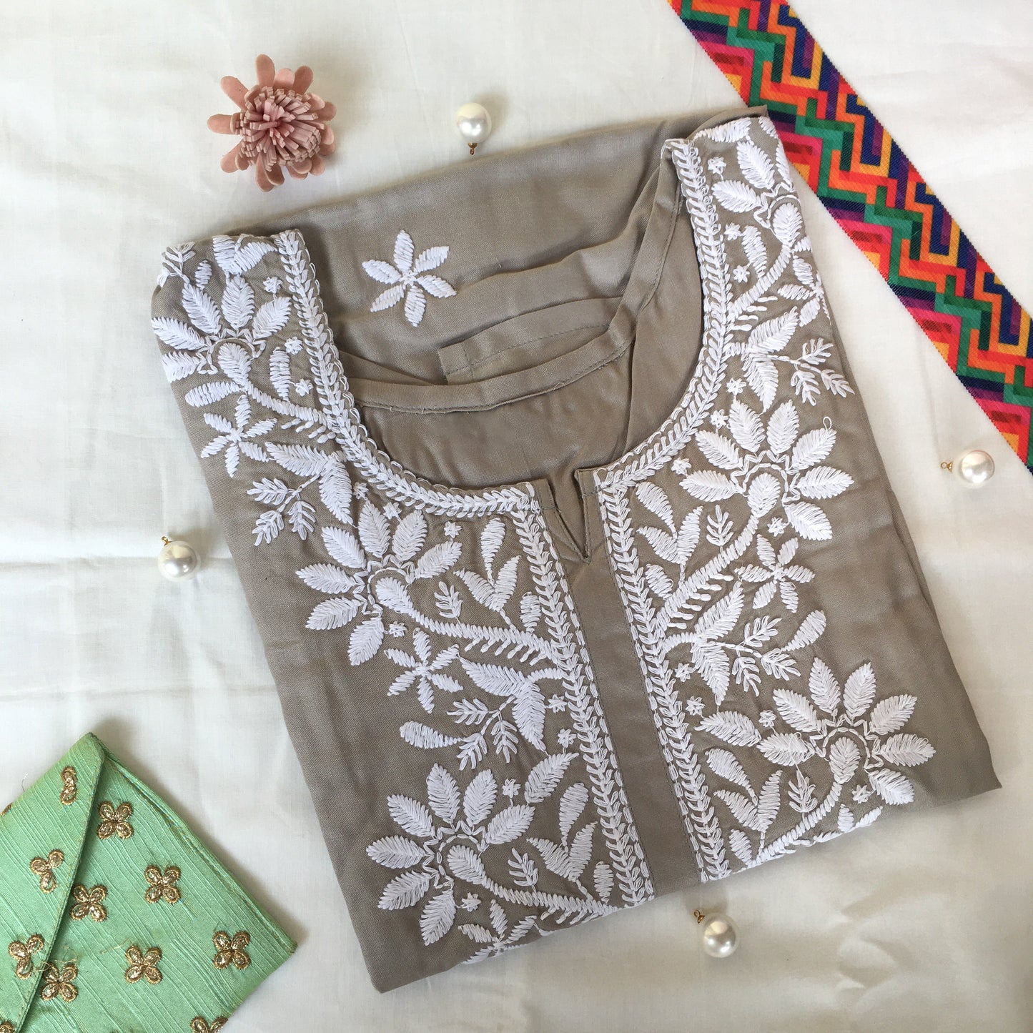 Light Grey -  Sunflower Design - Embroidery Kurti - Soft Rayon