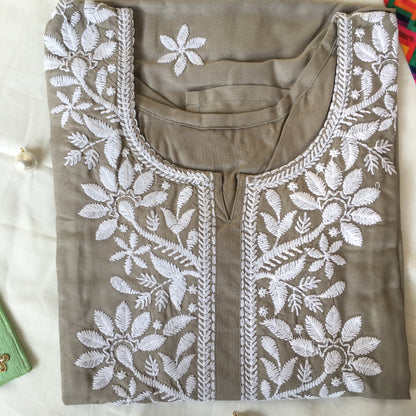 Light Grey -  Sunflower Design - Embroidery Kurti - Soft Rayon