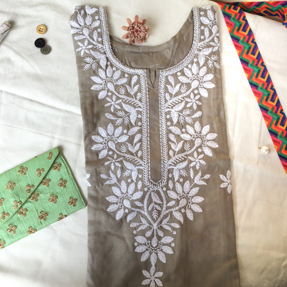 Light Grey -  Sunflower Design - Embroidery Kurti - Soft Rayon