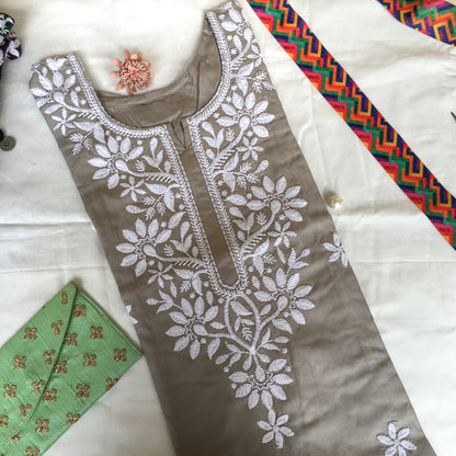 Light Grey -  Sunflower Design - Embroidery Kurti - Soft Rayon