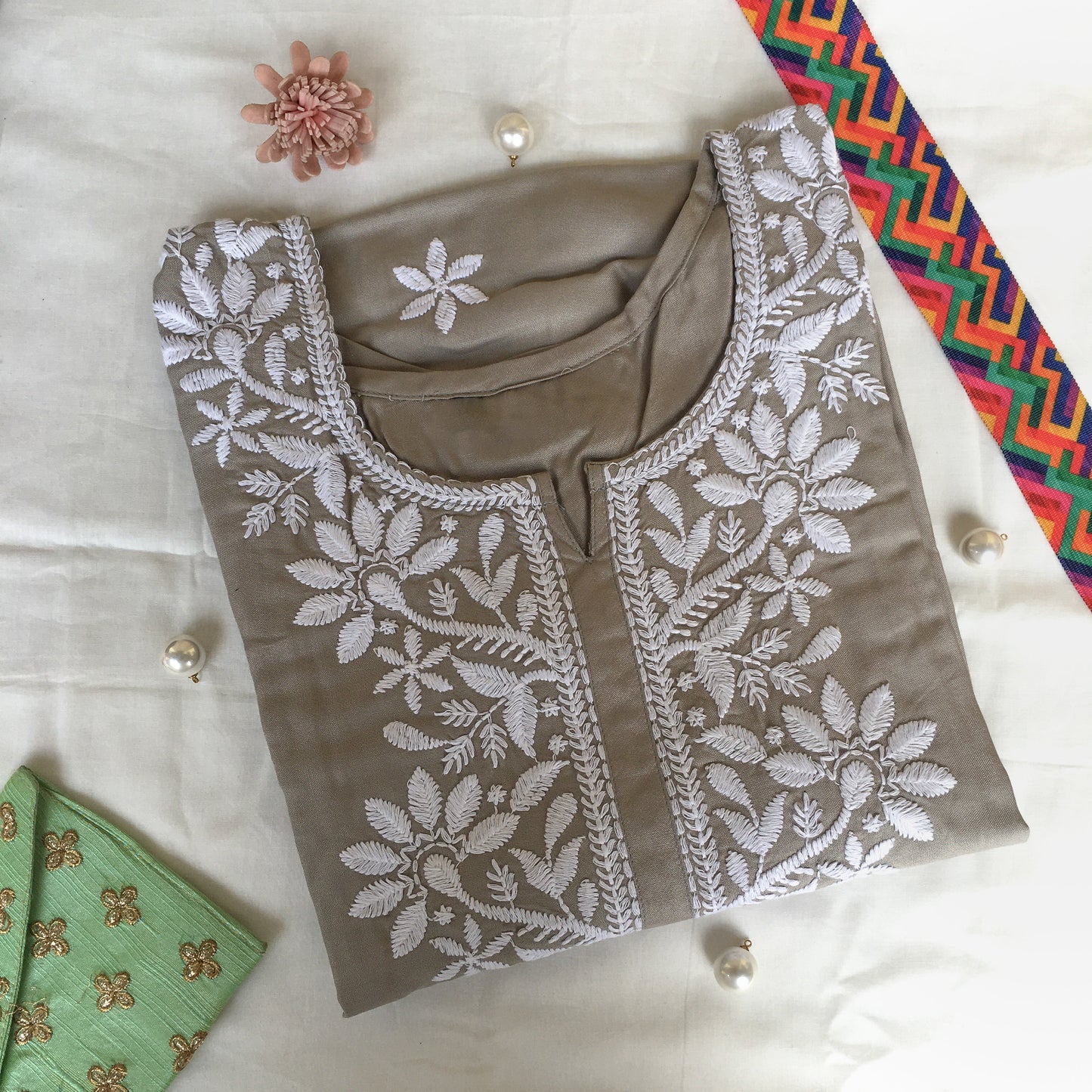 Light Grey -  Sunflower Design - Embroidery Kurti - Soft Rayon