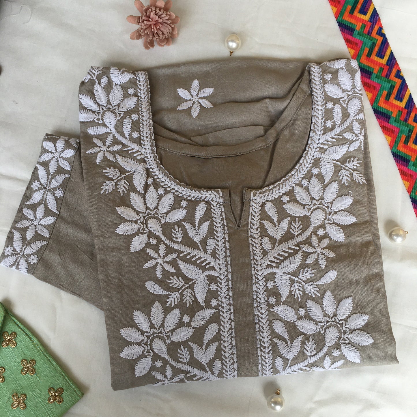 Light Grey -  Sunflower Design - Embroidery Kurti - Soft Rayon