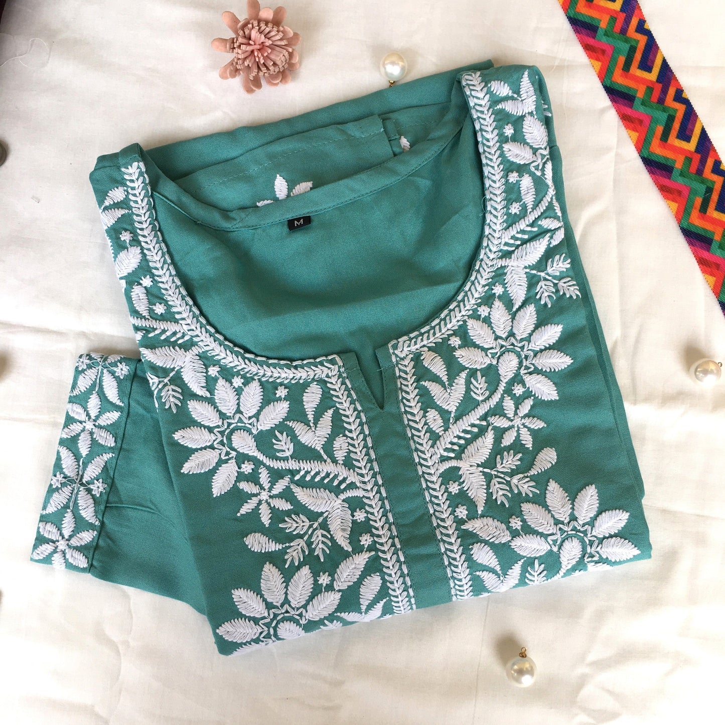 Turquoise -  Sunflower Design - Embroidery Kurti - Soft Rayon