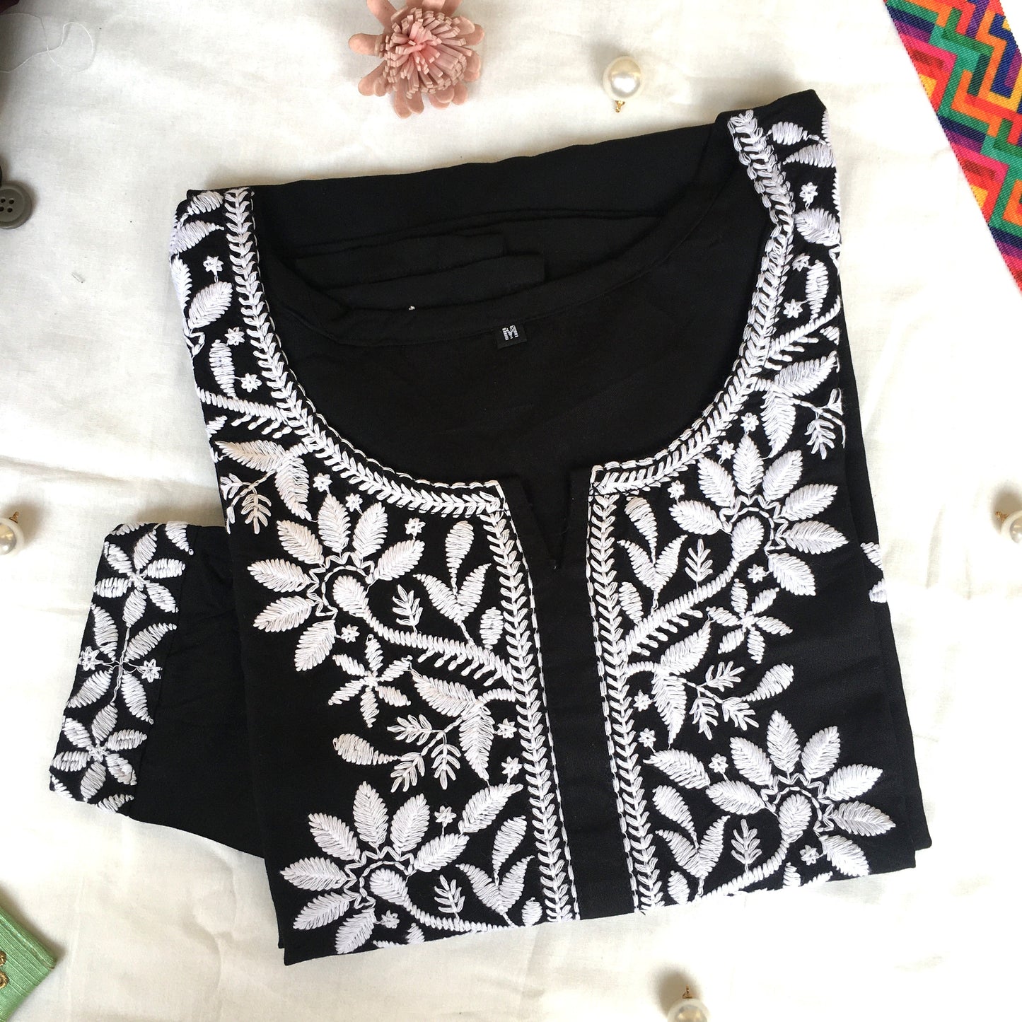 Black -  Sunflower Design - Embroidery Kurti - Soft Rayon