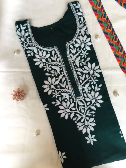 Dark Green -  Sunflower Design - Embroidery Kurti - Soft Rayon