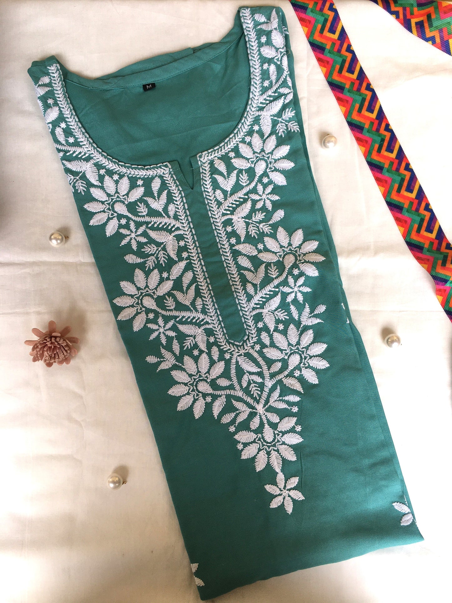 Turquoise -  Sunflower Design - Embroidery Kurti - Soft Rayon