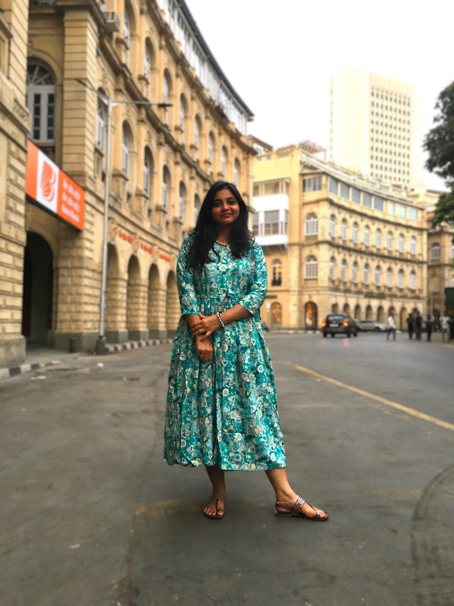 Sea Green White Flower  - Flared Kurti / Western Dress - Soft Rayon