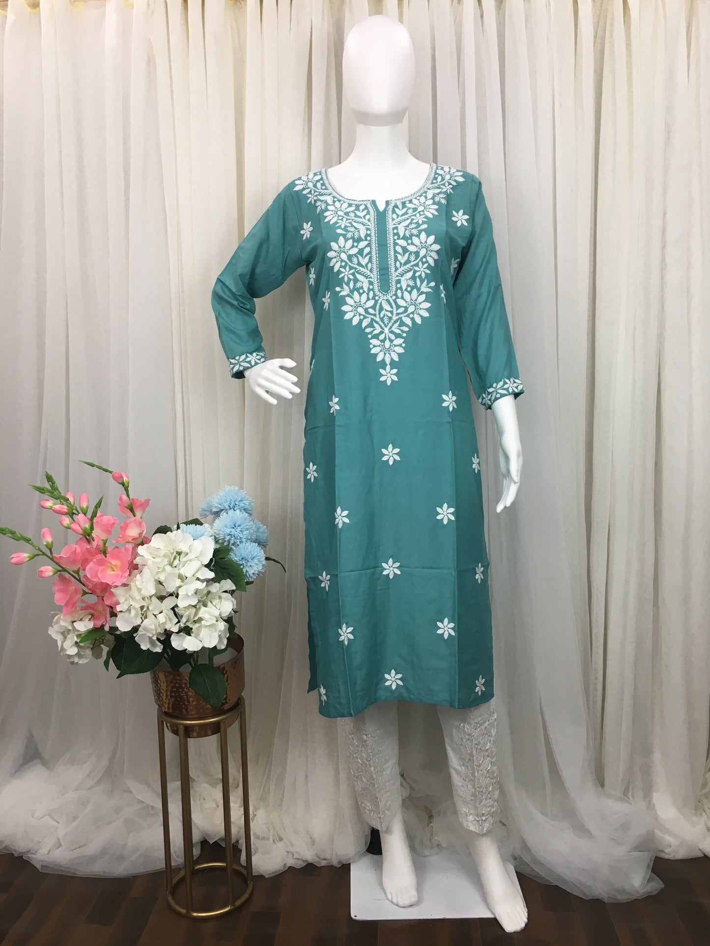 Turquoise -  Sunflower Design - Embroidery Kurti - Soft Rayon