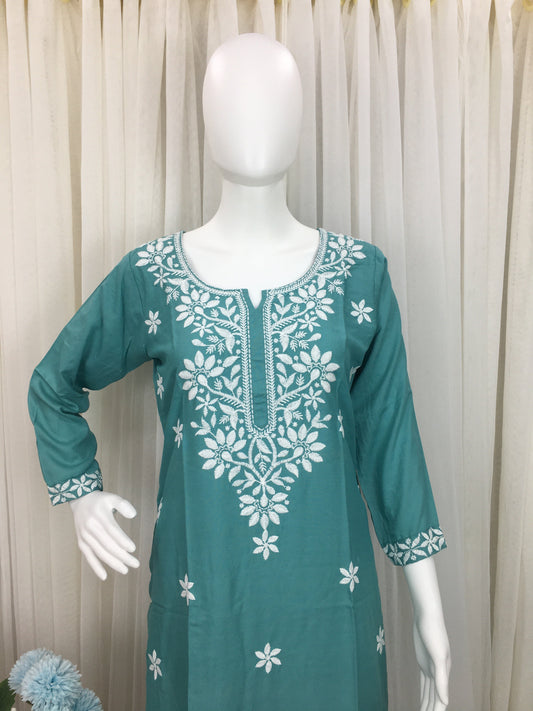 Turquoise -  Sunflower Design - Embroidery Kurti - Soft Rayon