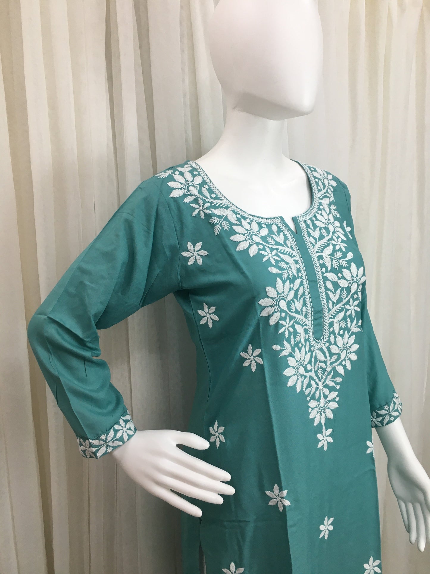 Turquoise -  Sunflower Design - Embroidery Kurti - Soft Rayon