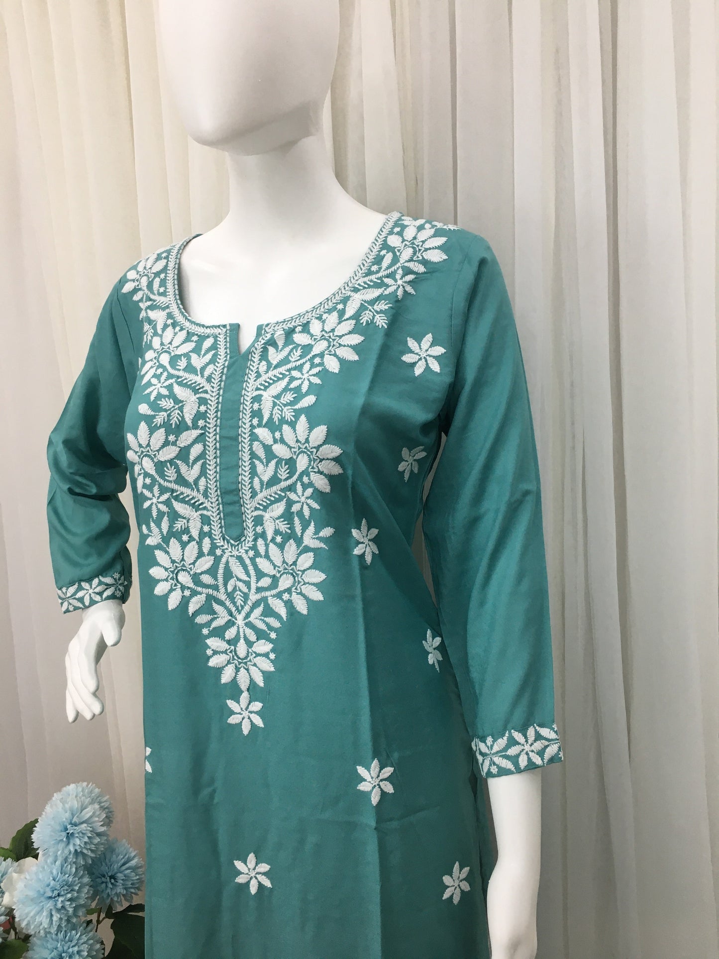 Turquoise -  Sunflower Design - Embroidery Kurti - Soft Rayon