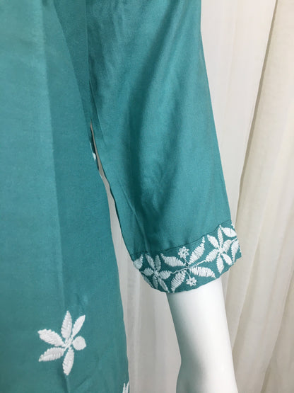 Turquoise -  Sunflower Design - Embroidery Kurti - Soft Rayon