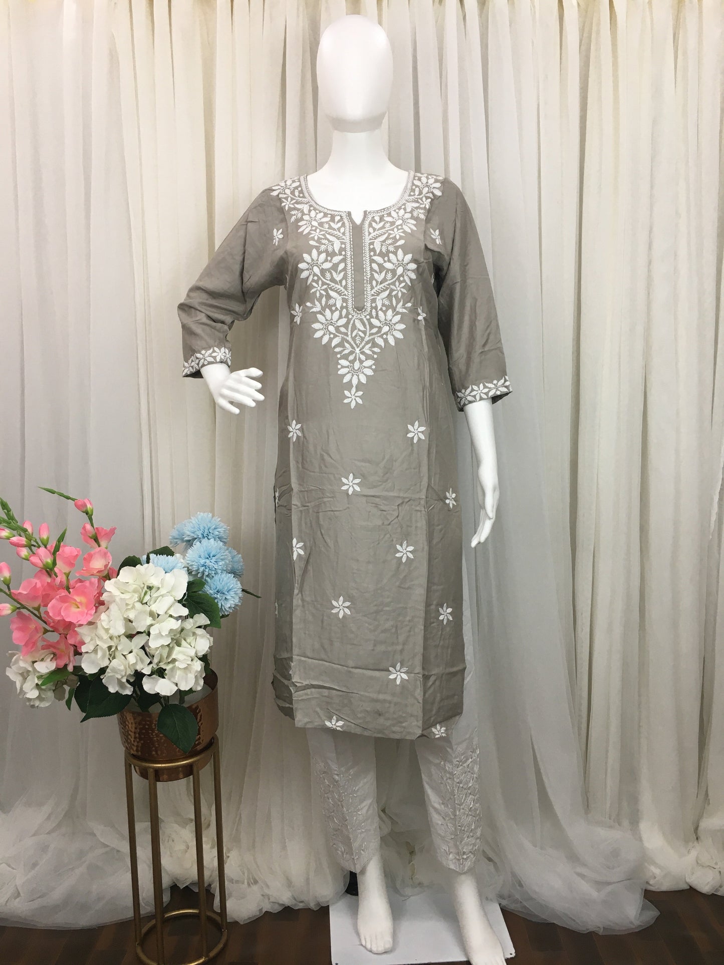 Light Grey -  Sunflower Design - Embroidery Kurti - Soft Rayon