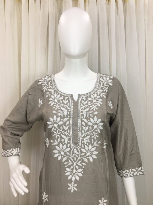 Light Grey -  Sunflower Design - Embroidery Kurti - Soft Rayon