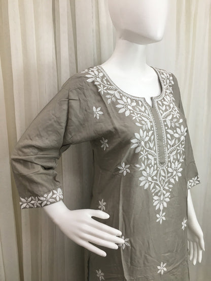 Light Grey -  Sunflower Design - Embroidery Kurti - Soft Rayon