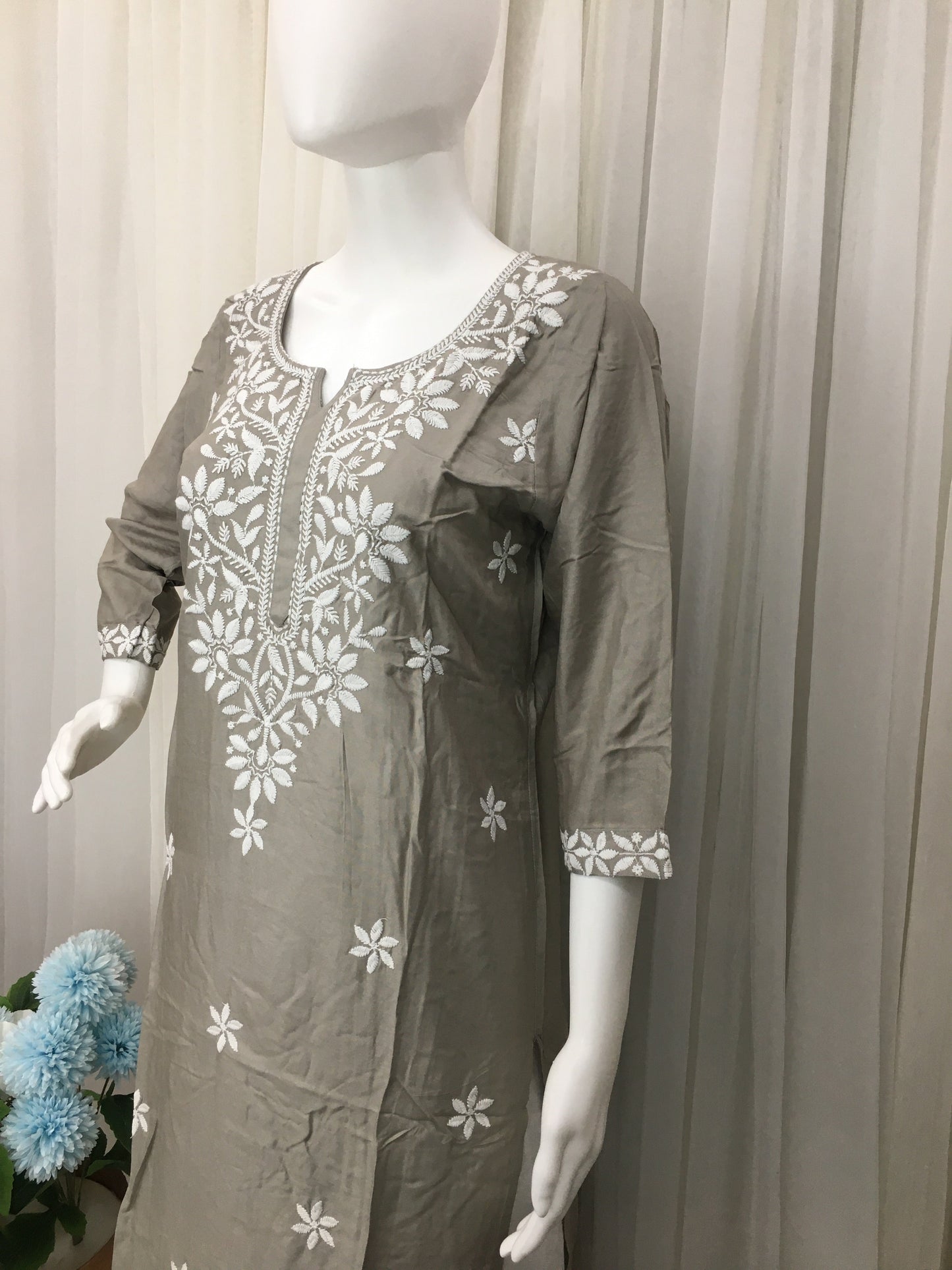 Light Grey -  Sunflower Design - Embroidery Kurti - Soft Rayon