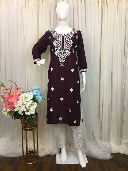 Wine Colour -  Sunflower Design - Embroidery Kurti - Soft Rayon