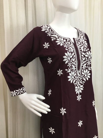 Wine Colour -  Sunflower Design - Embroidery Kurti - Soft Rayon