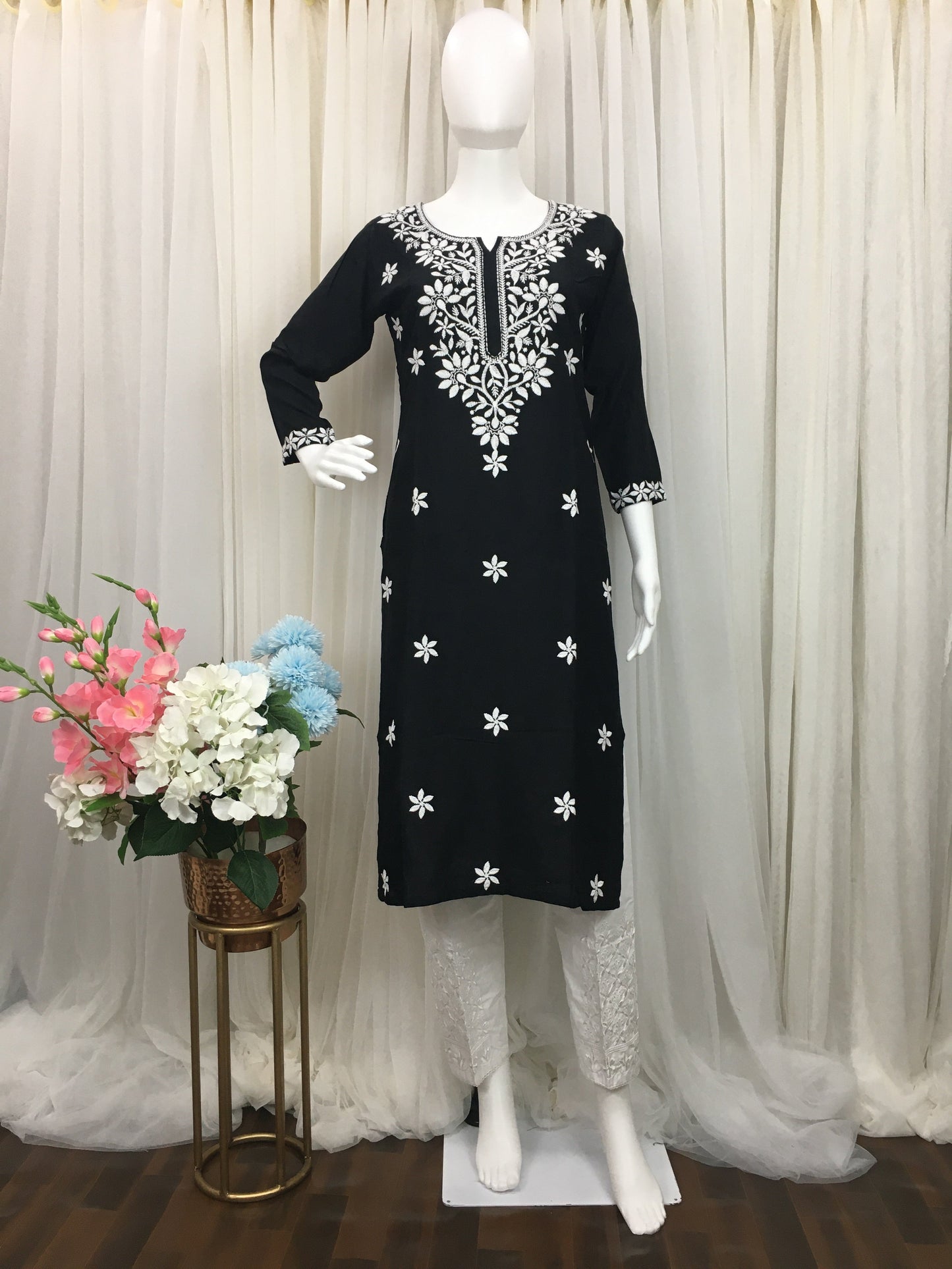 Black -  Sunflower Design - Embroidery Kurti - Soft Rayon