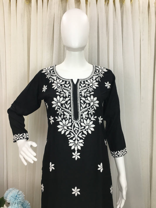 Black -  Sunflower Design - Embroidery Kurti - Soft Rayon