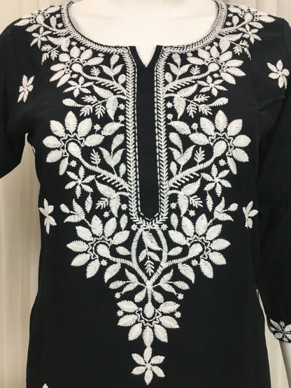 Black -  Sunflower Design - Embroidery Kurti - Soft Rayon