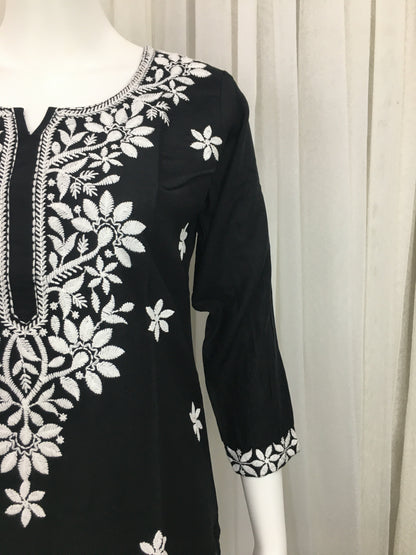 Black -  Sunflower Design - Embroidery Kurti - Soft Rayon