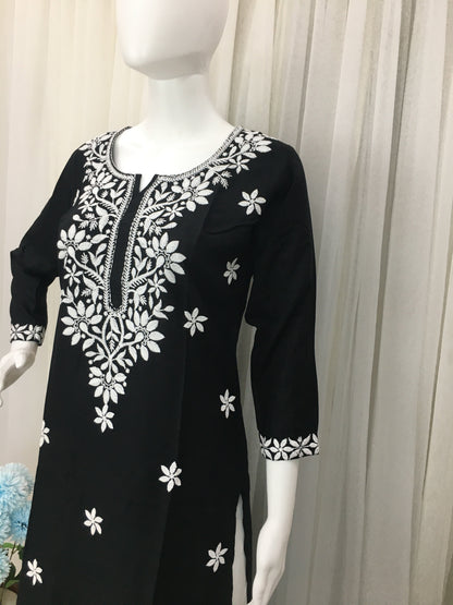 Black -  Sunflower Design - Embroidery Kurti - Soft Rayon