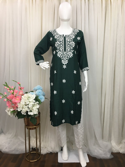 Dark Green -  Sunflower Design - Embroidery Kurti - Soft Rayon