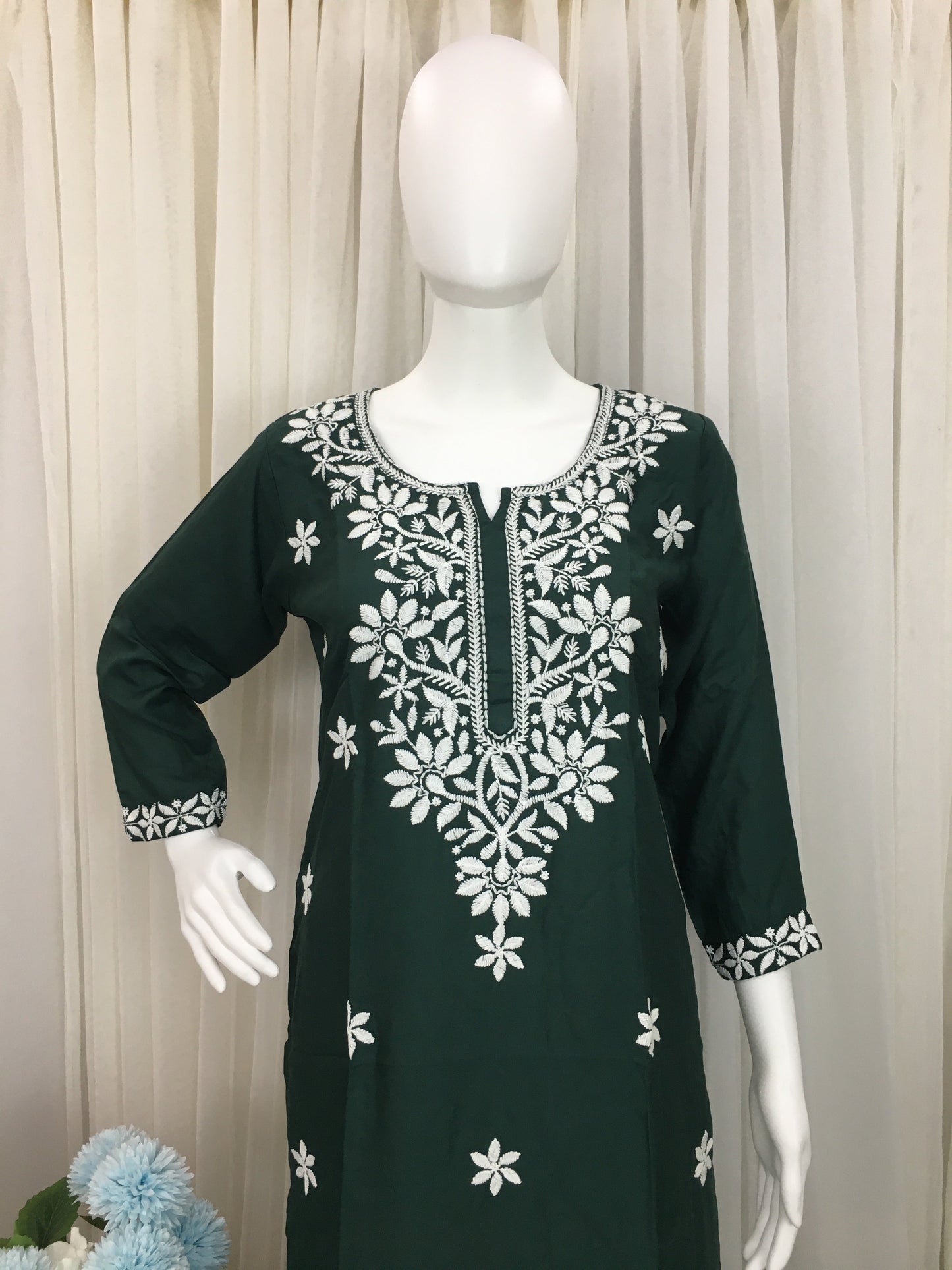 Dark Green -  Sunflower Design - Embroidery Kurti - Soft Rayon