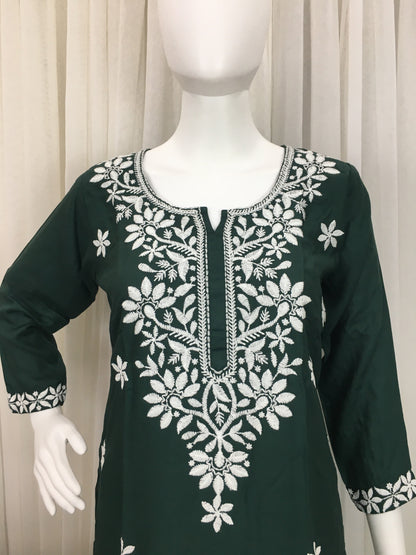 Dark Green -  Sunflower Design - Embroidery Kurti - Soft Rayon