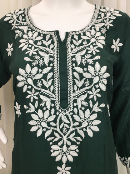 Dark Green -  Sunflower Design - Embroidery Kurti - Soft Rayon