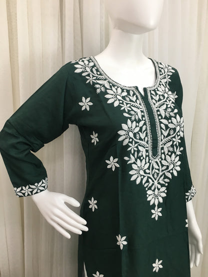 Dark Green -  Sunflower Design - Embroidery Kurti - Soft Rayon