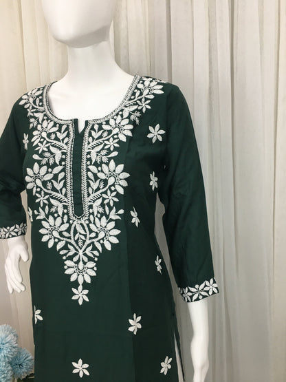 Dark Green -  Sunflower Design - Embroidery Kurti - Soft Rayon