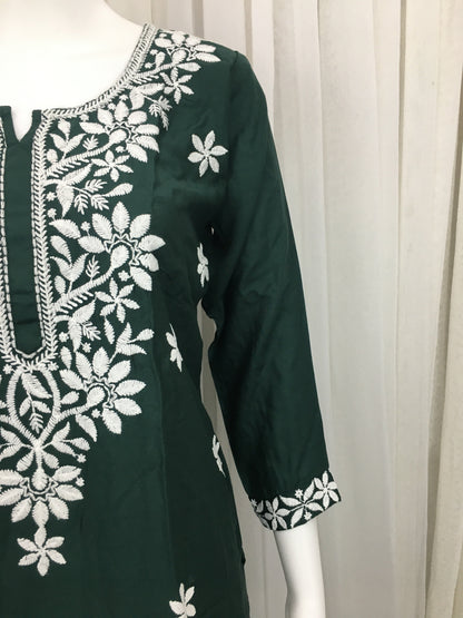 Dark Green -  Sunflower Design - Embroidery Kurti - Soft Rayon