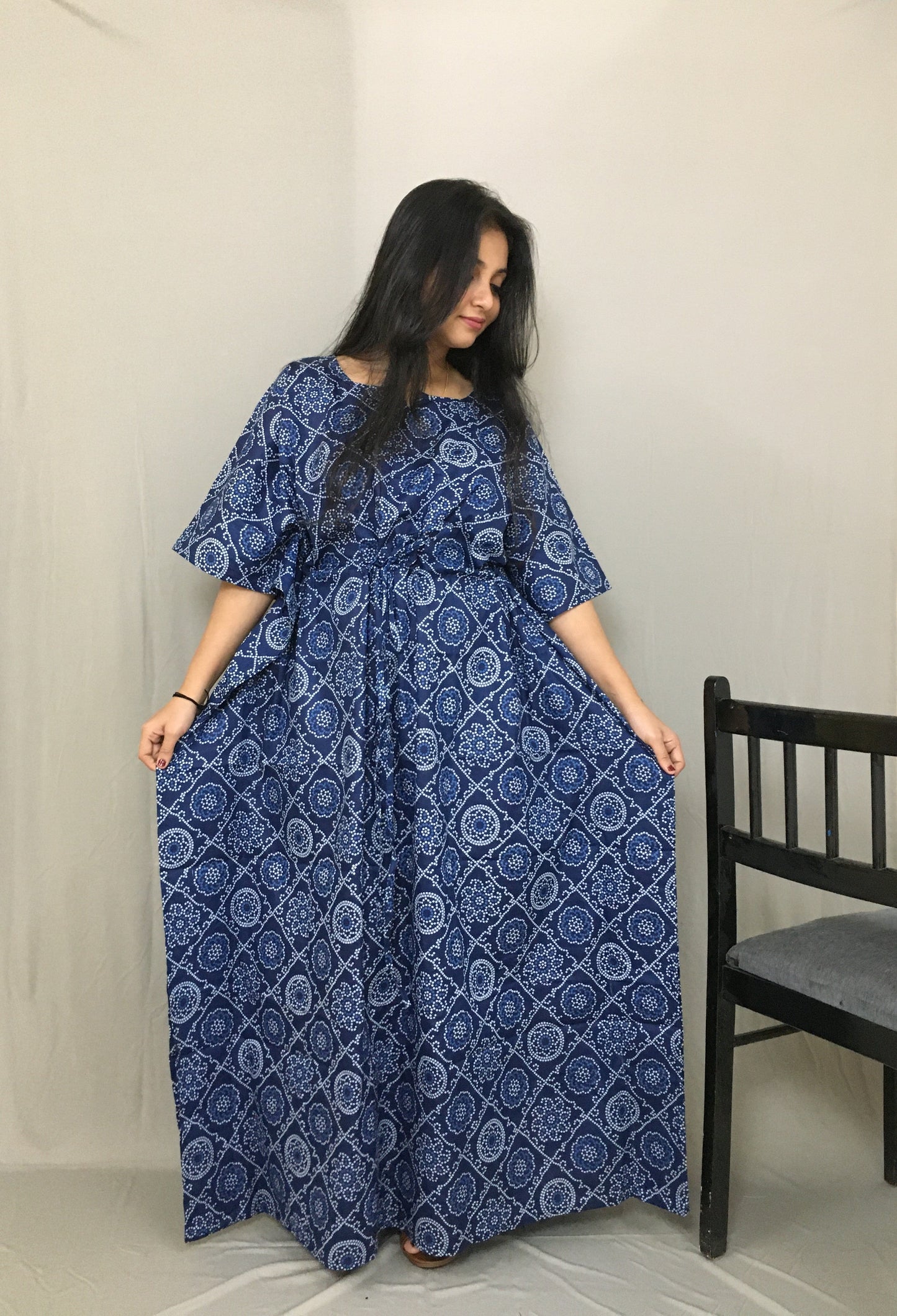 Blue Bandhani Print  - Maternity / Feeding Zips -  Soft Cotton Kaftan - Free Size