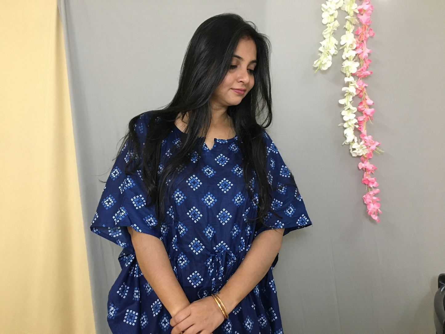 Blue Square Bandhani - Maternity Kaftan - Free Size - Pure Cotton